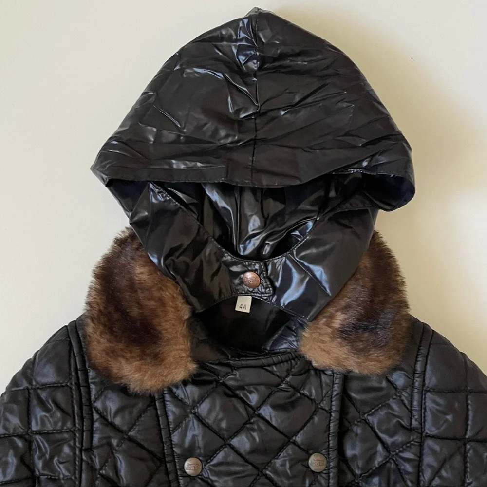 Junior Gaultier Girls’ Black Quilted Winter Jacket with Faux Fur Trim - 4Y